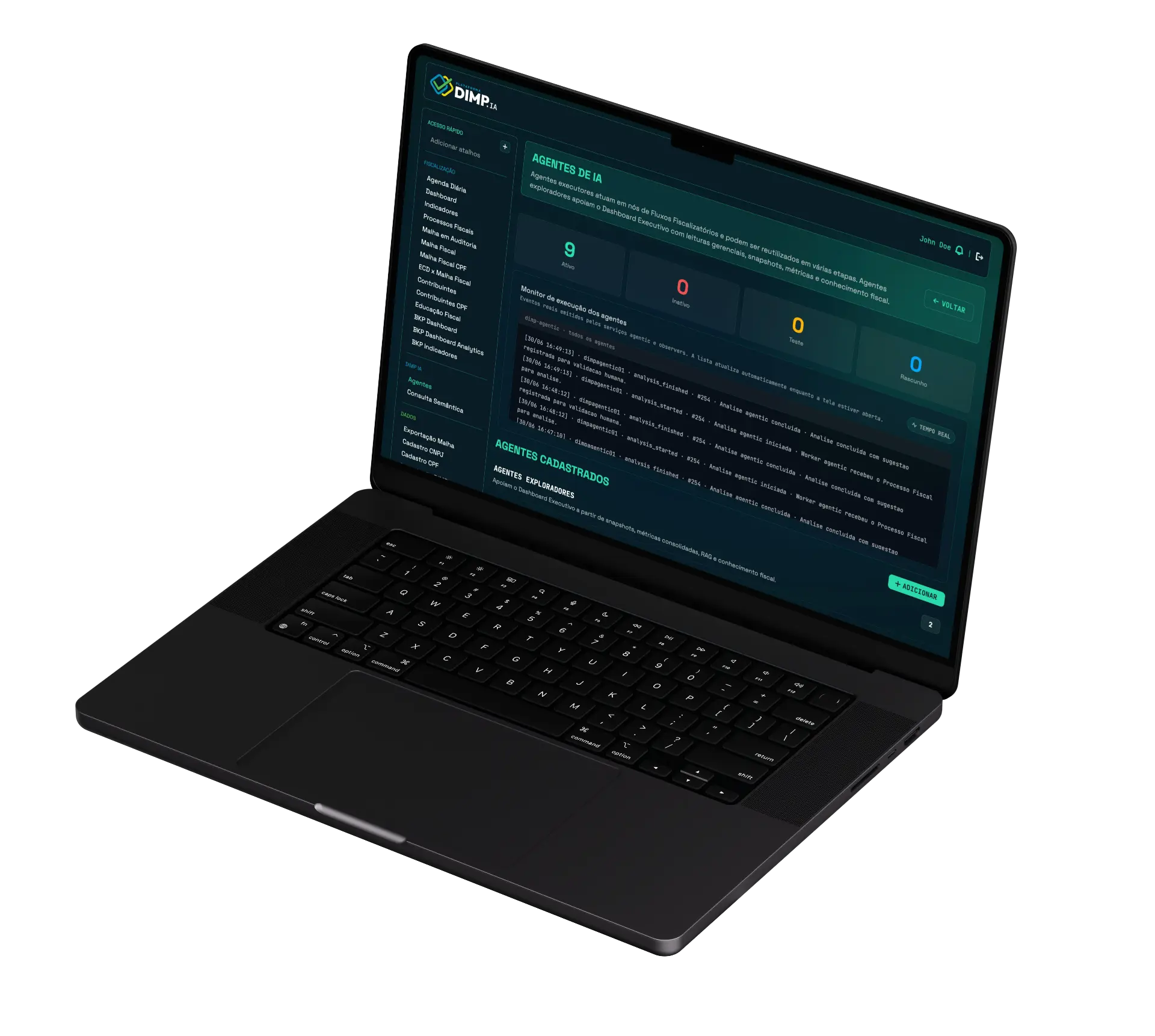 Dashboard da plataforma DIMP.IA mostrando painel com agentes de IA ativos