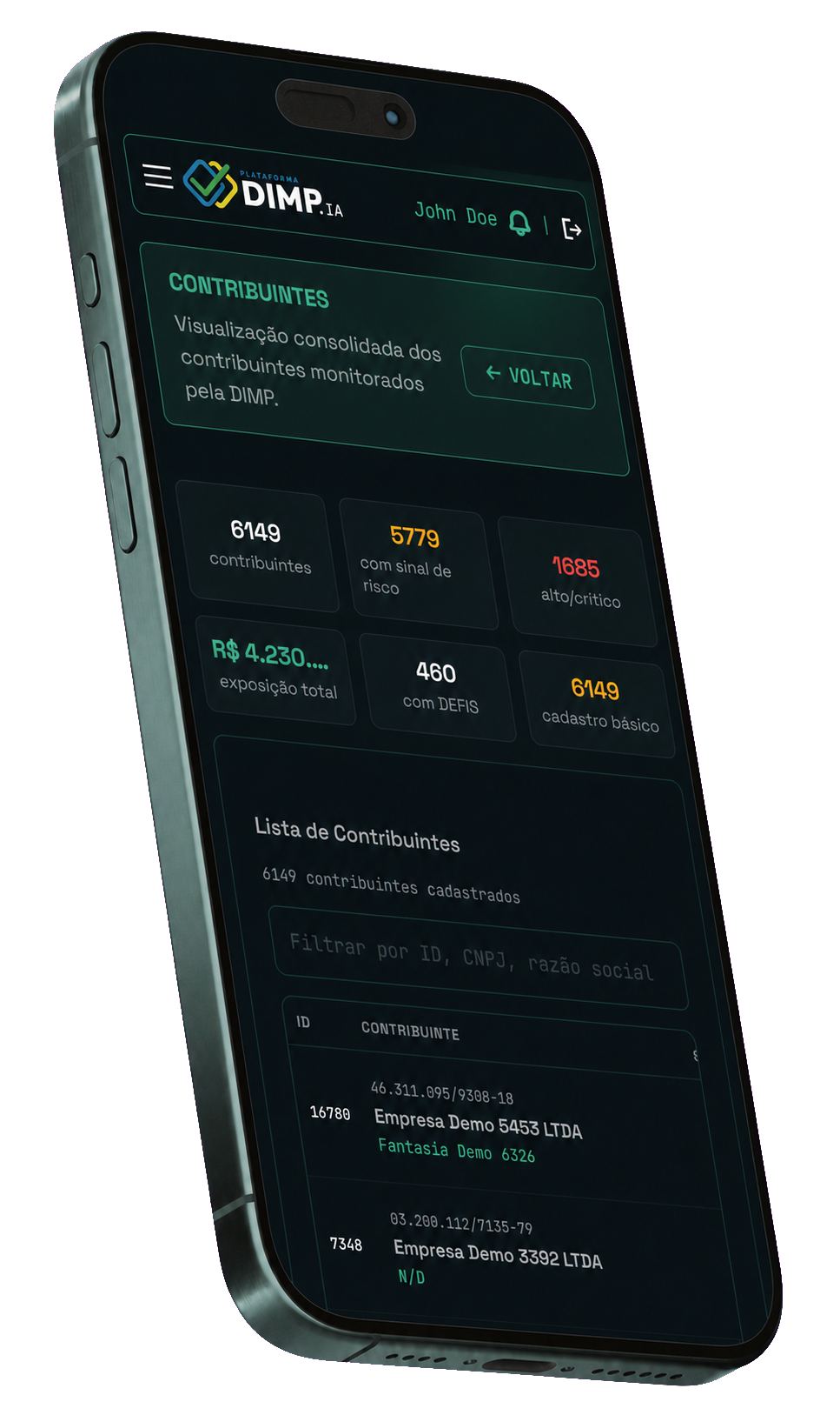 Tela mobile da plataforma DIMP.IA com painel de contribuintes